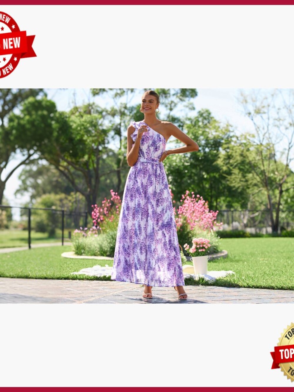 One Shoulder Floral Maxi Dress Smocked Back Ruffle Sleeveless Beach Wedding - Picture 7 of 7
